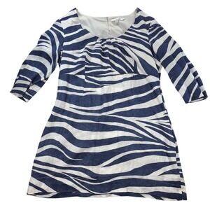 Boden 14 100% Linen‎ Blue White Zebra Print Boho 3/4 Sleeve Dress